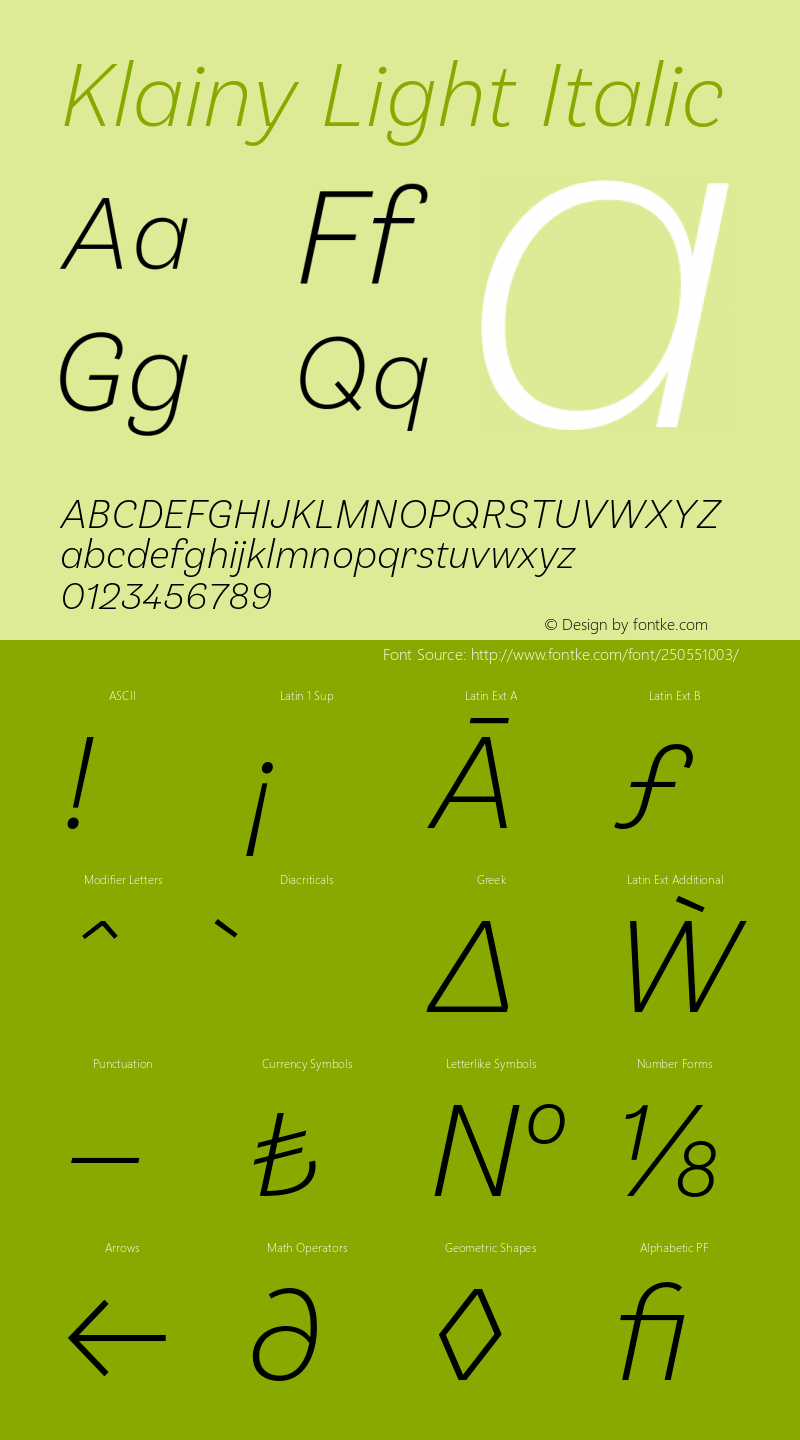 Klainy Light Italic Version 1.000;PS 001.000;hotconv 1.0.88;makeotf.lib2.5.64775图片样张