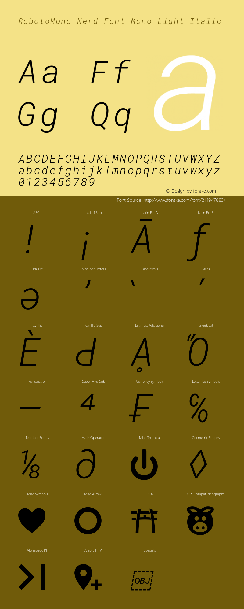 Roboto Mono Light Italic Nerd Font Complete Mono Version 2.000986; 2015; ttfautohint (v1.3);Nerd Fonts 2.1.0图片样张