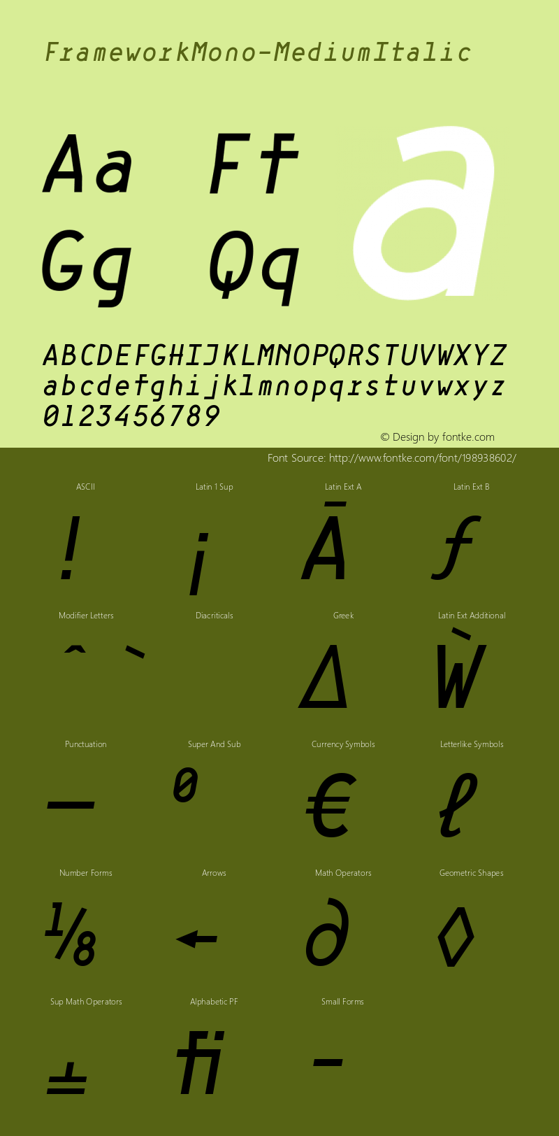 ☞Framework Mono Medium Italic Version 1.000;hotconv 1.0.109;makeotfexe 2.5.65596;com.myfonts.easy.high-peak.framework-mono.medium-italic.wfkit2.version.5mKR图片样张