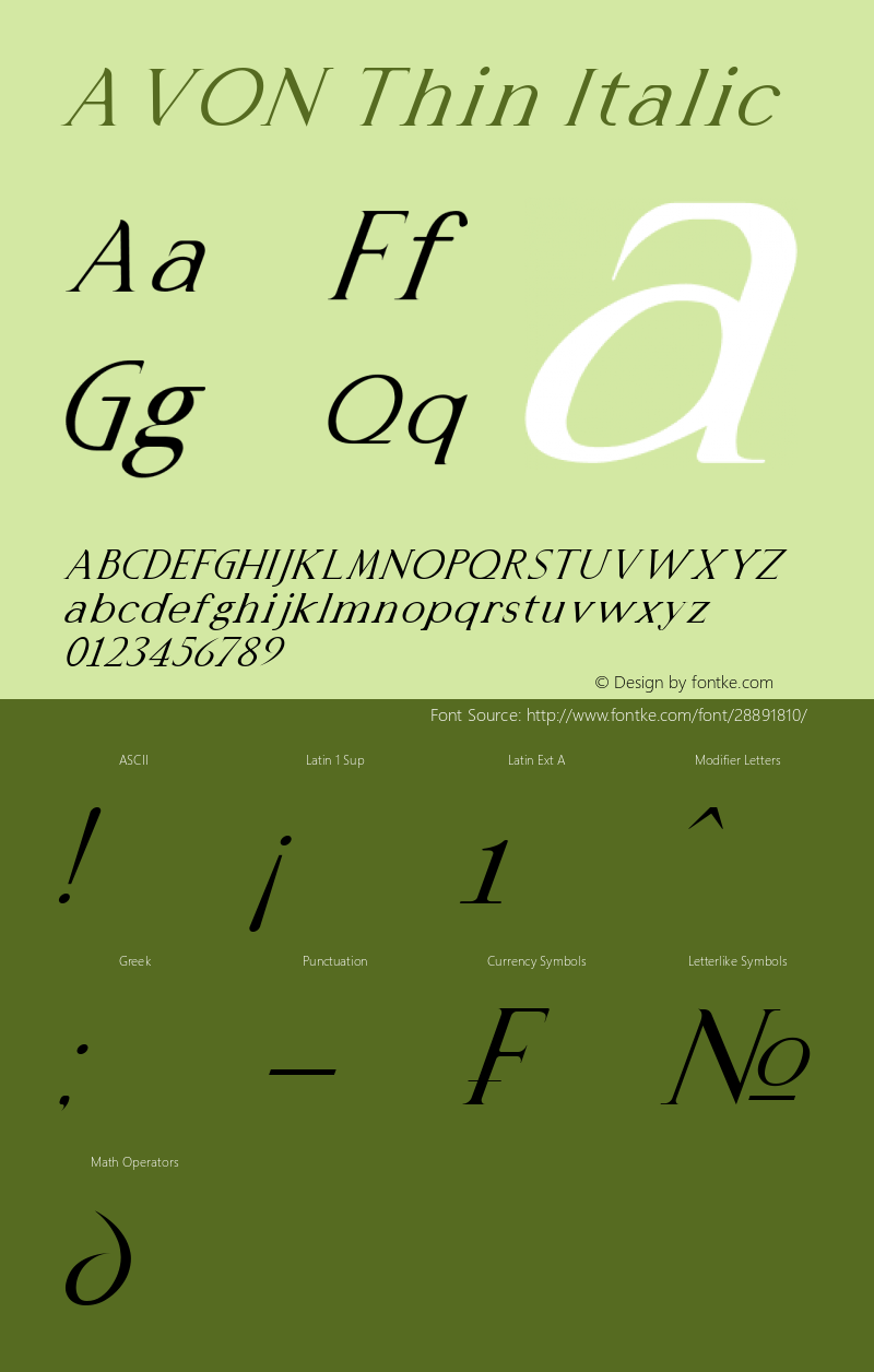 AVON Thin Italic Version 1.00;March 20, 2019;FontCreator 11.5.0.2422 32-bit图片样张