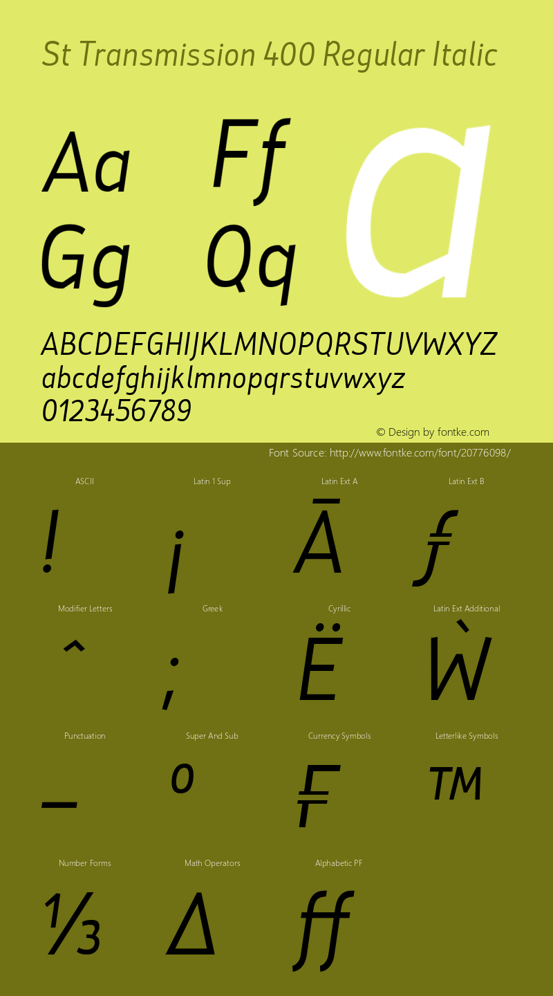 St Transmission 400 Regular Italic Version 1.000; Fonts for Free; vk.com/fontsforfree图片样张