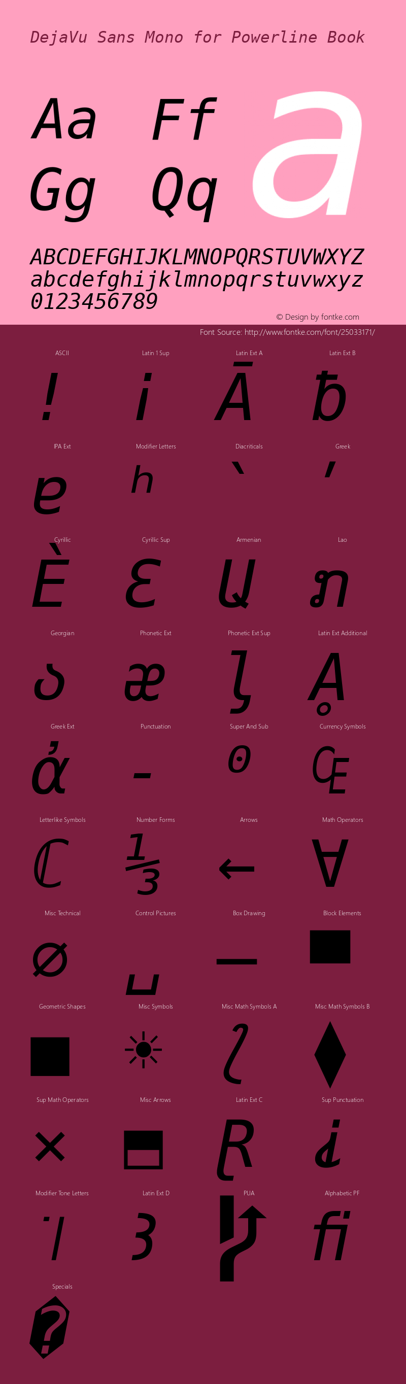 DejaVu Sans Mono Oblique for Powerline Nerd Font Plus Font Awesome Plus Octicons Windows Compatible Version 2.33图片样张