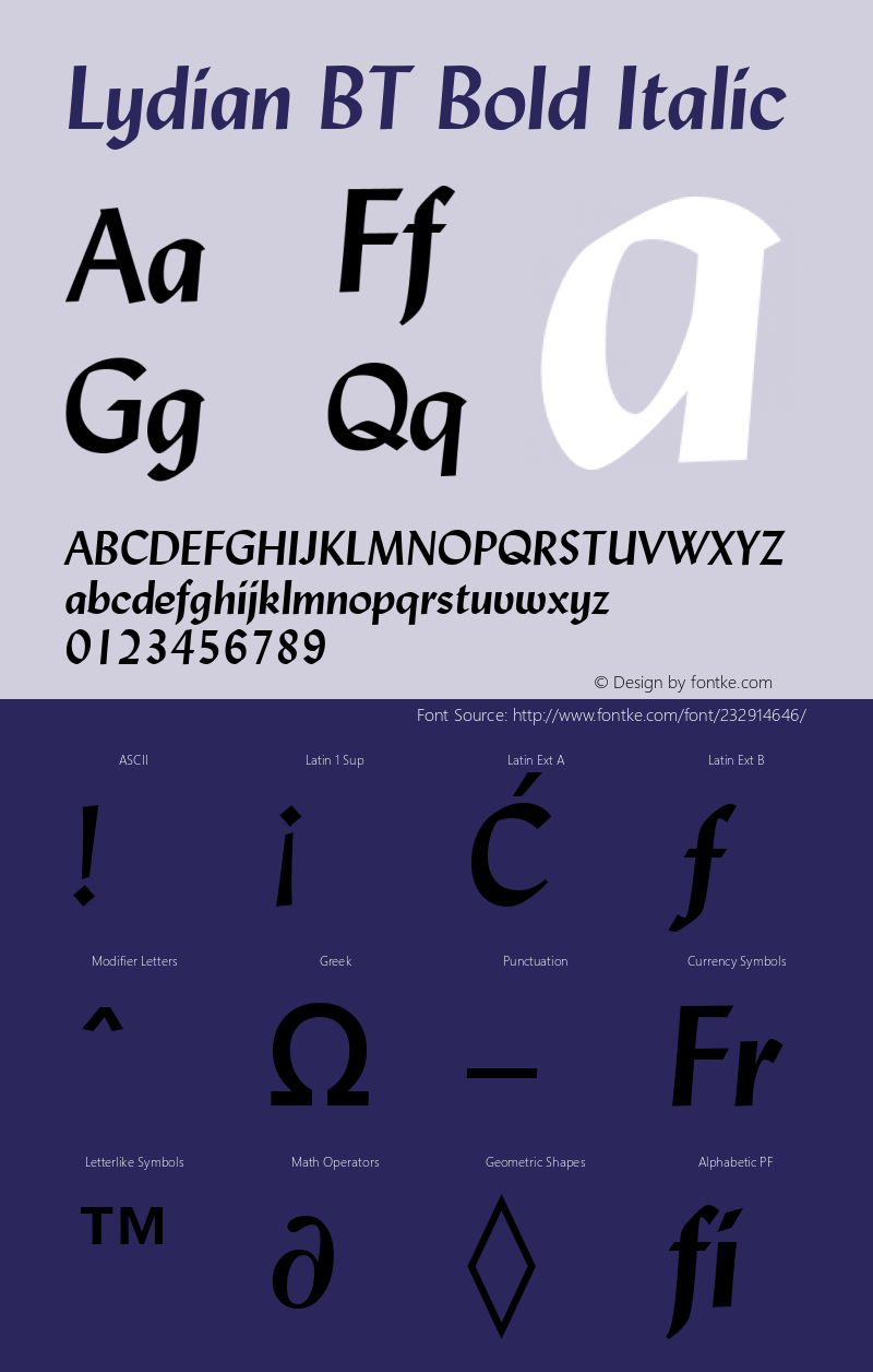 Lydian BT Bold Italic Version 1.01 emb4-OT图片样张