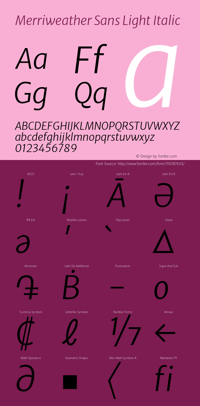 Merriweather Sans Light Italic Version 2.000; ttfautohint (v1.8.3)图片样张
