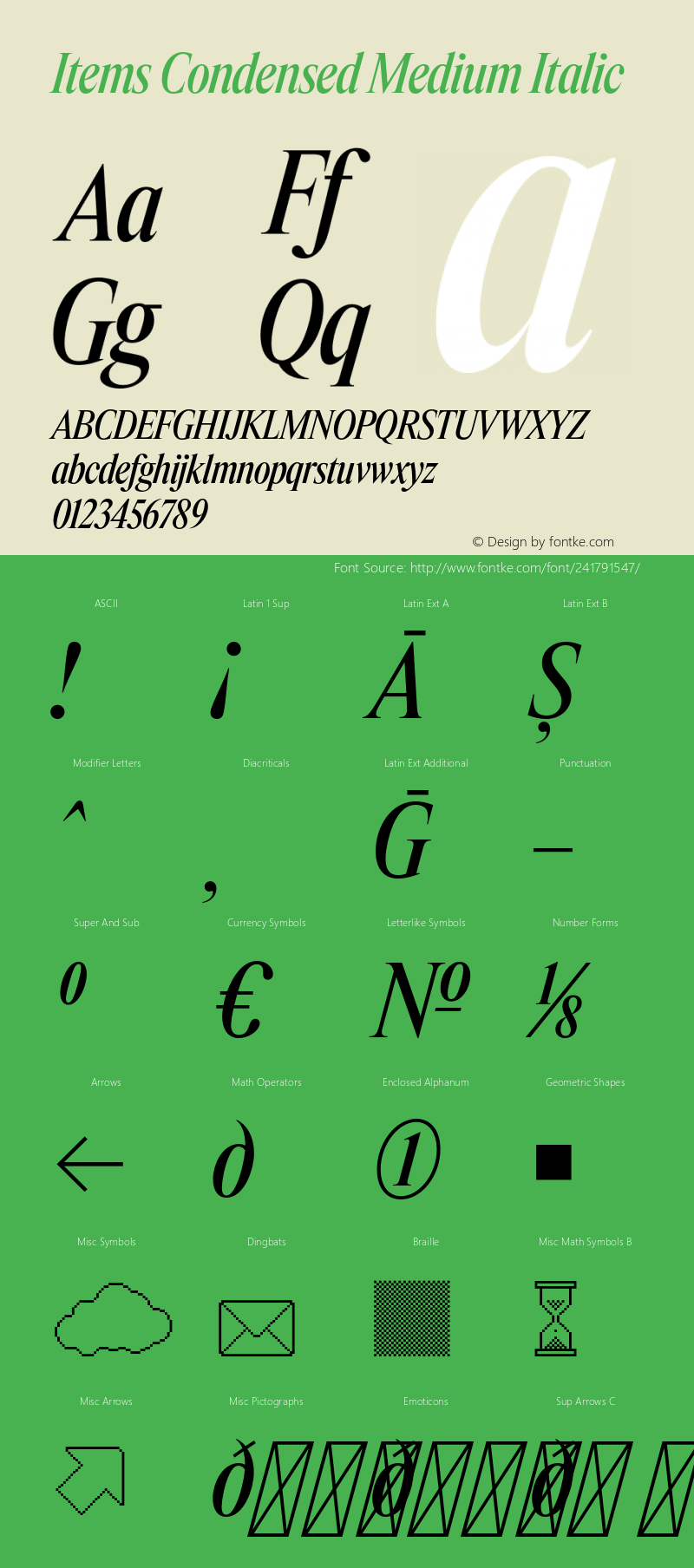 Items Condensed Medium Italic Version 1.001;Glyphs 3.2 (3177)图片样张