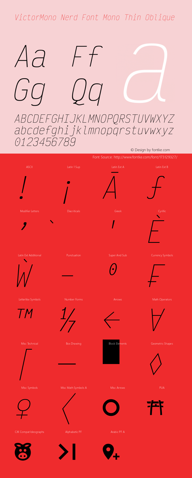 Victor Mono Thin Oblique Nerd Font Complete Mono Version 1.410图片样张