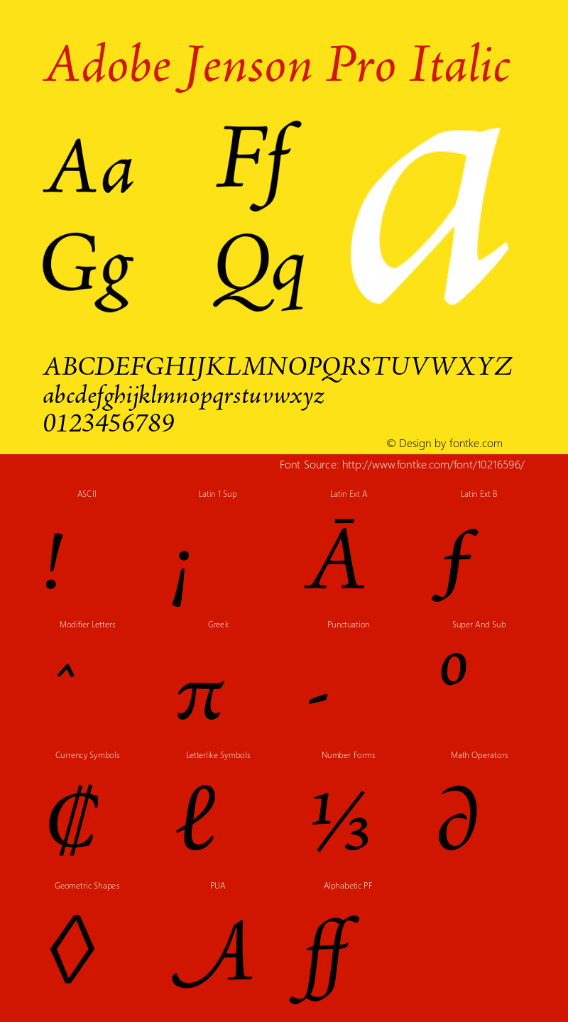 Adobe Jenson Pro Italic Version 2.025;PS 2.000;hotconv 1.0.51;makeotf.lib2.0.18671图片样张