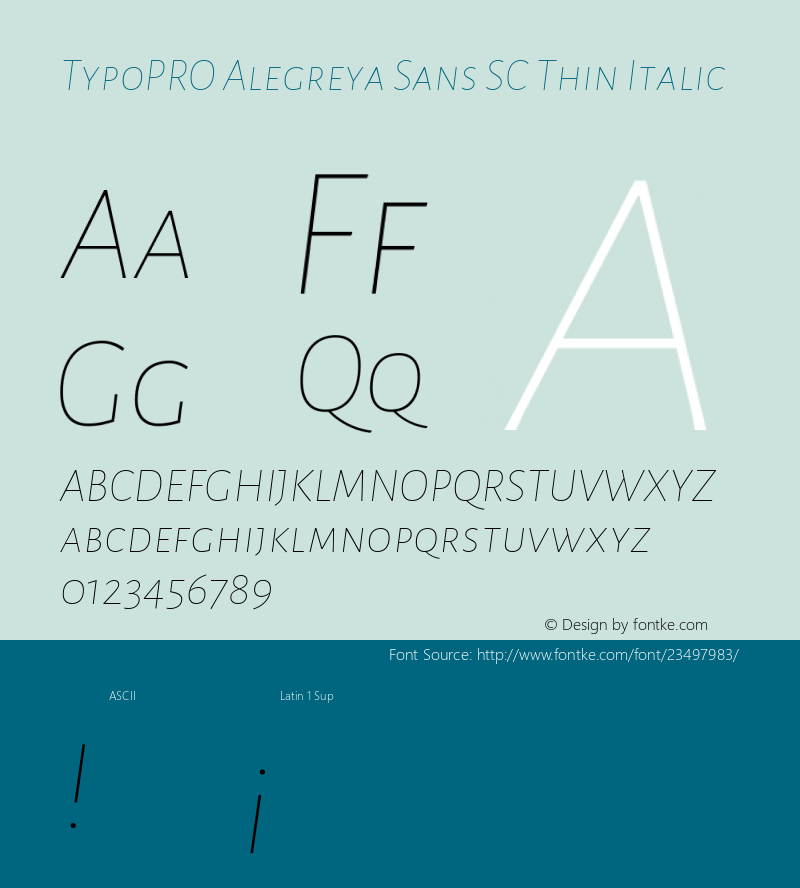 TypoPRO Alegreya Sans SC Thin Italic Version 1.001;PS 001.001;hotconv 1.0.70;makeotf.lib2.5.58329 DEVELOPMENT; ttfautohint (v0.97) -l 8 -r 50 -G 200 -x 17 -f dflt -w G -W图片样张