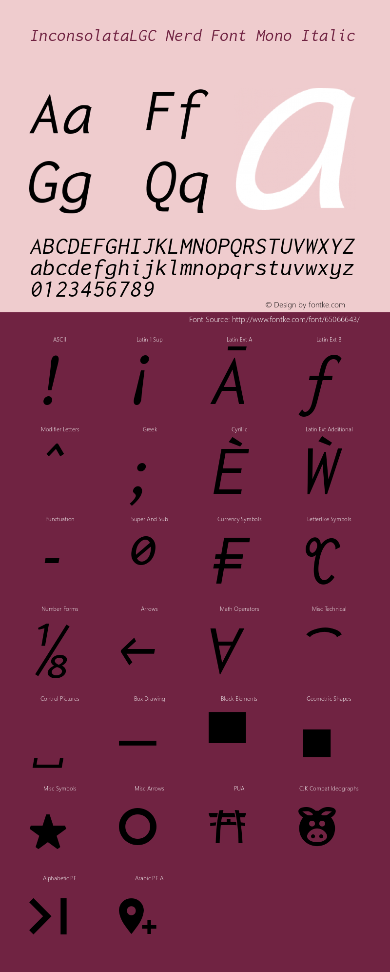 Inconsolata LGC Italic Nerd Font Complete Mono Version 1.3;Nerd Fonts 2.1.0图片样张