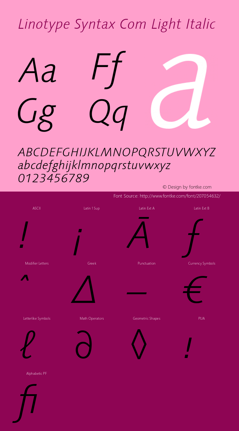 Linotype Syntax Com Light Italic Version 1.20图片样张