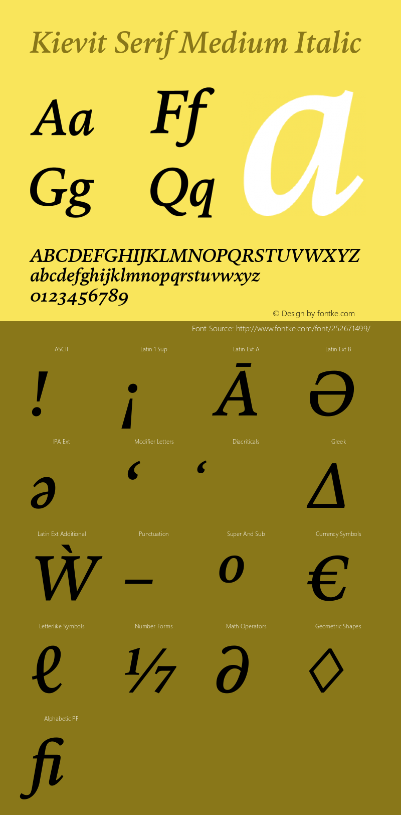 Kievit Serif Medium Italic Version 1.000, build 1030, FoPs, FL 5.04图片样张