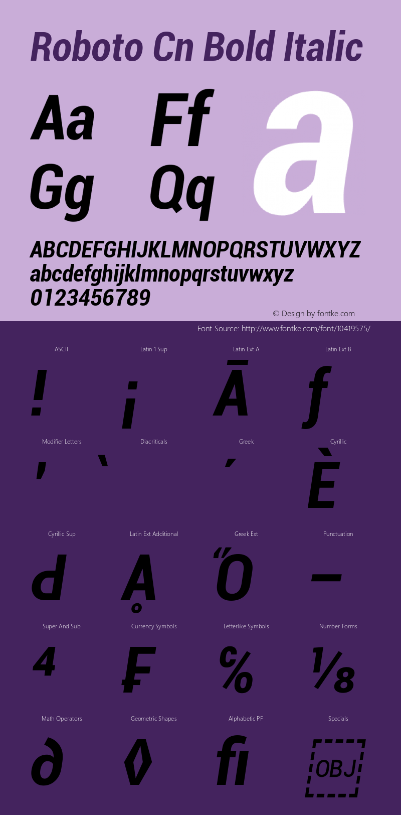 Roboto Cn Bold Italic Version 1.00000; 2011图片样张