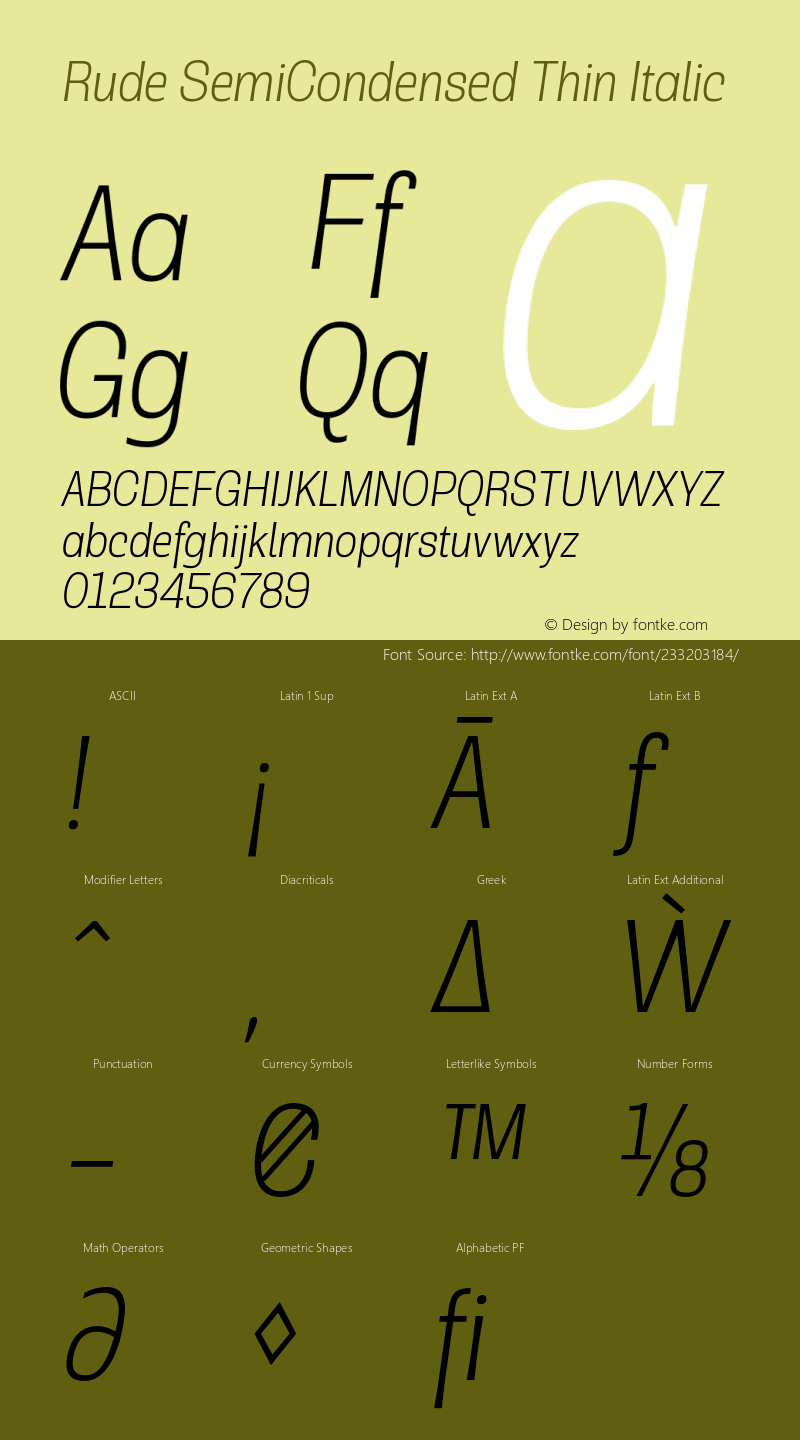 Rude SemiCondensed Thin Italic Version 1.001;PS 001.001;hotconv 1.0.70;makeotf.lib2.5.58329图片样张