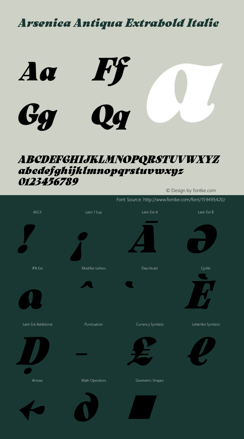 Arsenica Antiqua Extrabold Italic Version 0.003;hotconv 1.0.109;makeotfexe 2.5.65596图片样张