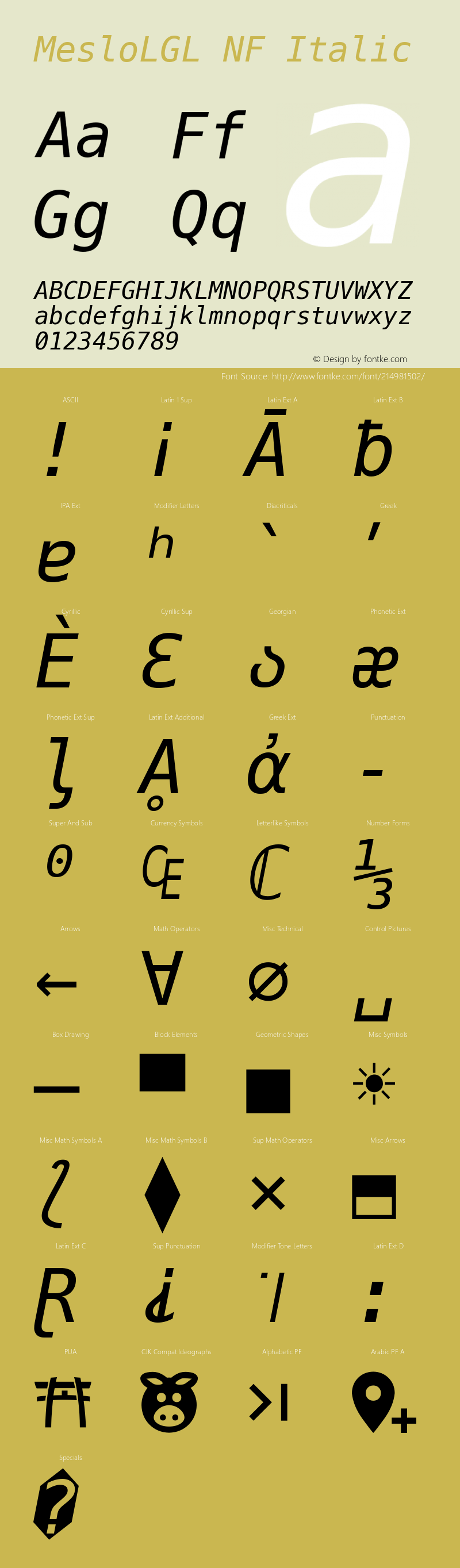 Meslo LG L Italic Nerd Font Complete Windows Compatible Version 1.210;Nerd Fonts 2.1.0图片样张