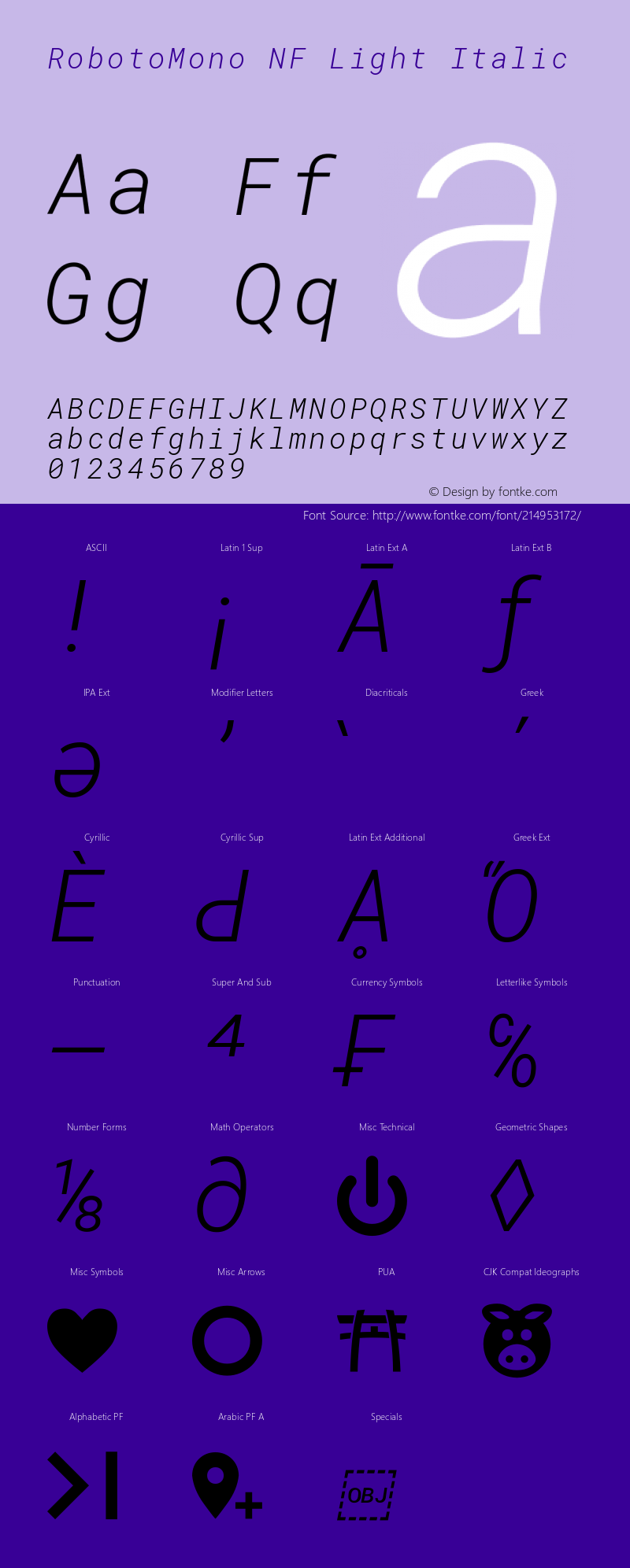 Roboto Mono Light Italic Nerd Font Complete Mono Windows Compatible Version 2.000986; 2015; ttfautohint (v1.3);Nerd Fonts 2.1.0图片样张