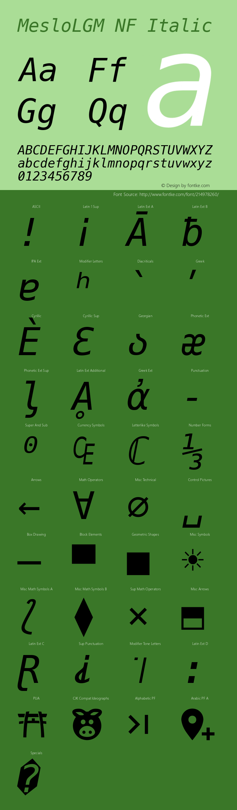 Meslo LG M Italic Nerd Font Complete Windows Compatible Version 1.210;Nerd Fonts 2.1.0图片样张