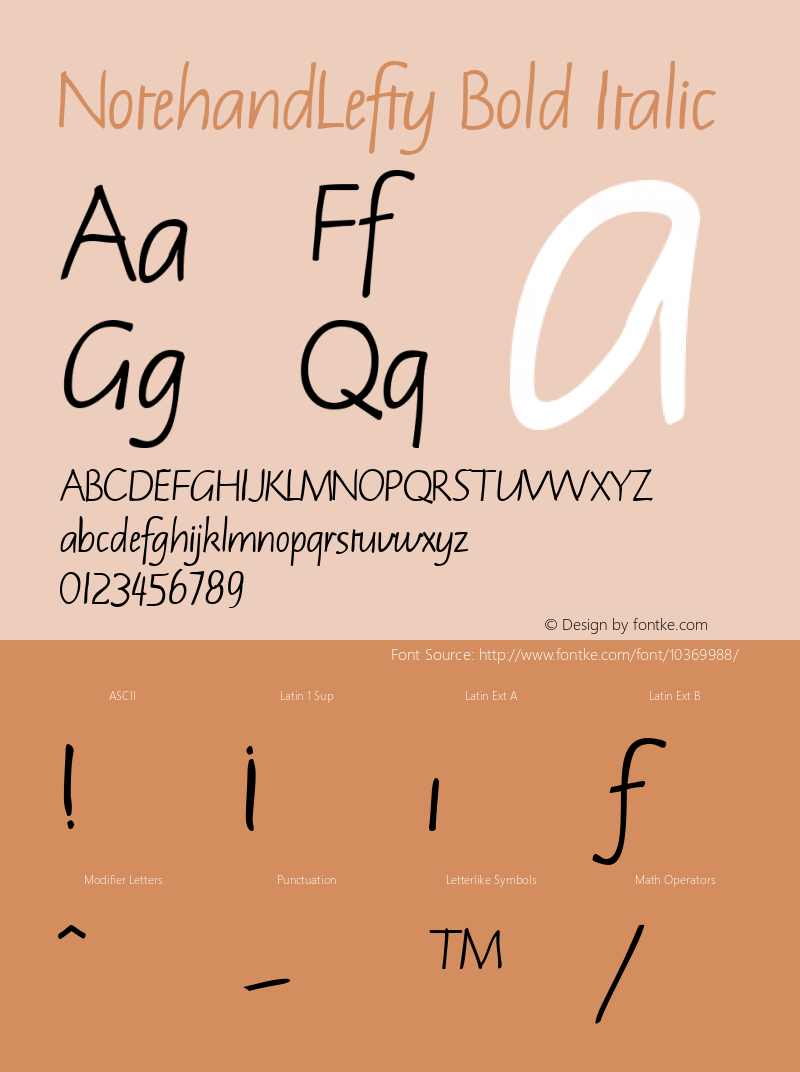 NotehandLefty Bold Italic W.S.I. Int'l v1.1 for GSP: 6/20/95图片样张