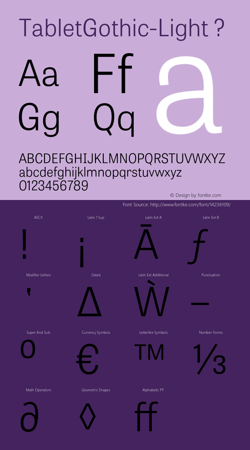 TabletGothic-Light ? Version 1.000;PS 001.001;hotconv 1.0.56;com.myfonts.type-together.tablet-gothic.light.wfkit2.424a图片样张