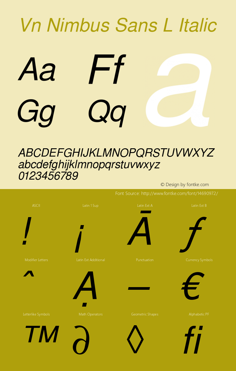 Vn Nimbus Sans L Italic Version 1.05; ttfautohint (v1.1) -l 8 -r 50 -G 200 -x 14 -D latn -f latn -w G图片样张