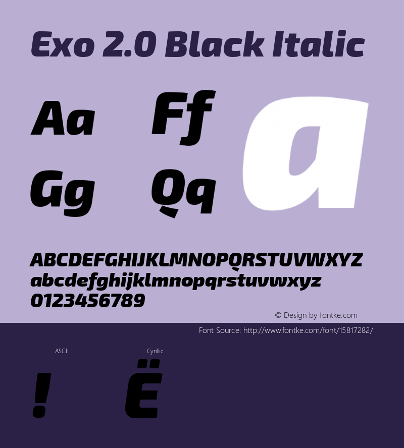 Exo 2.0 Black Italic Version 1.001;PS 001.001;hotconv 1.0.70;makeotf.lib2.5.58329; ttfautohint (v1.4.1)图片样张