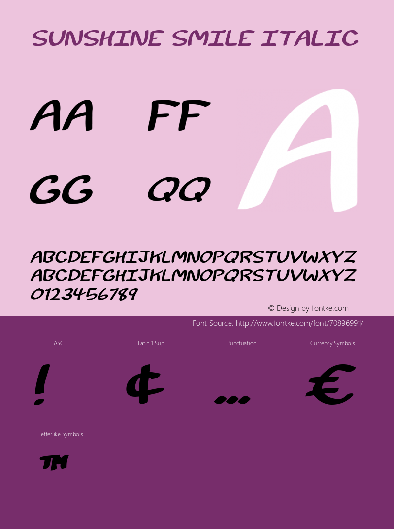 Sunshine Smile Italic Version 1.00;July 3, 2020;FontCreator 11.5.0.2430 64-bit图片样张