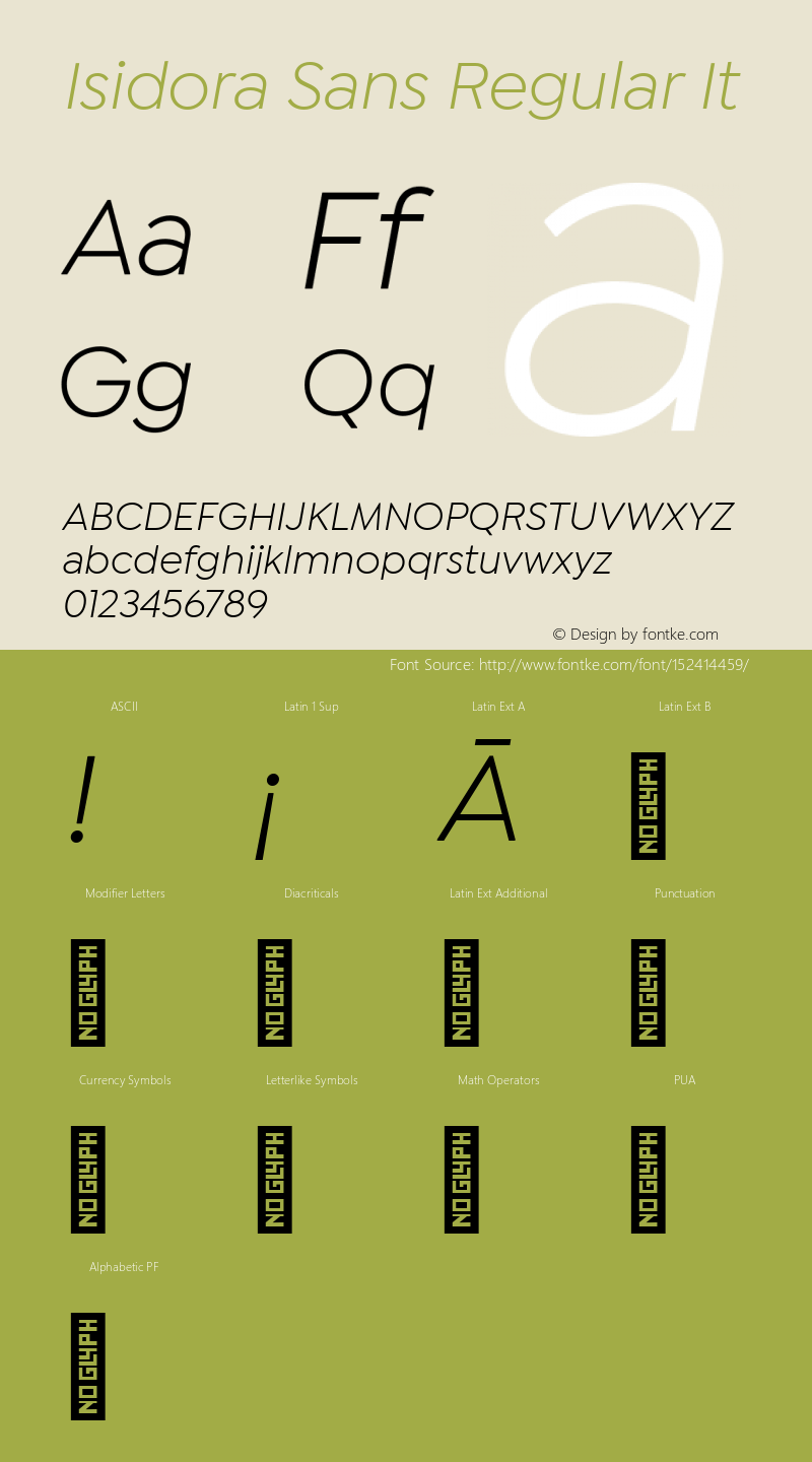 Isidora Sans Regular It Version 1.000;PS 001.000;hotconv 1.0.88;makeotf.lib2.5.64775图片样张