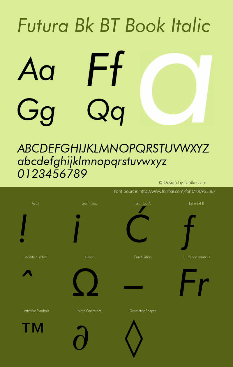 Futura Bk BT Book Italic Version 2.001 mfgpctt 4.4图片样张