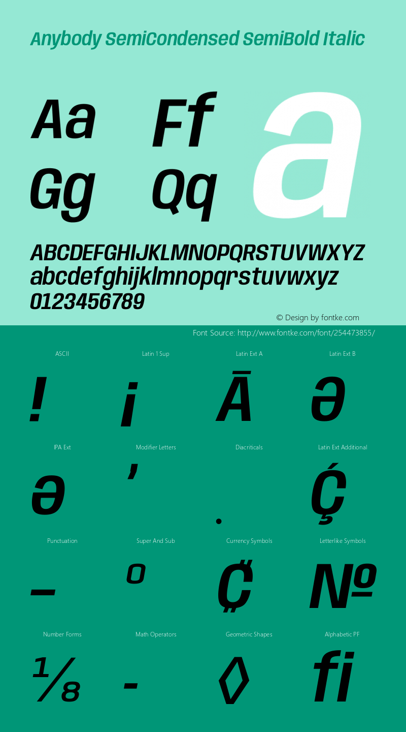 Anybody SemiCondensed SemiBold Italic Version 1.113;gftools[0.9.25]图片样张