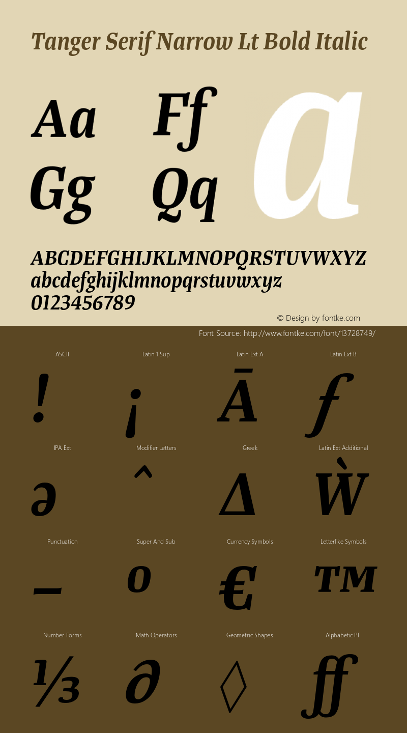 Tanger Serif Narrow Lt Bold Italic Version 3.000图片样张