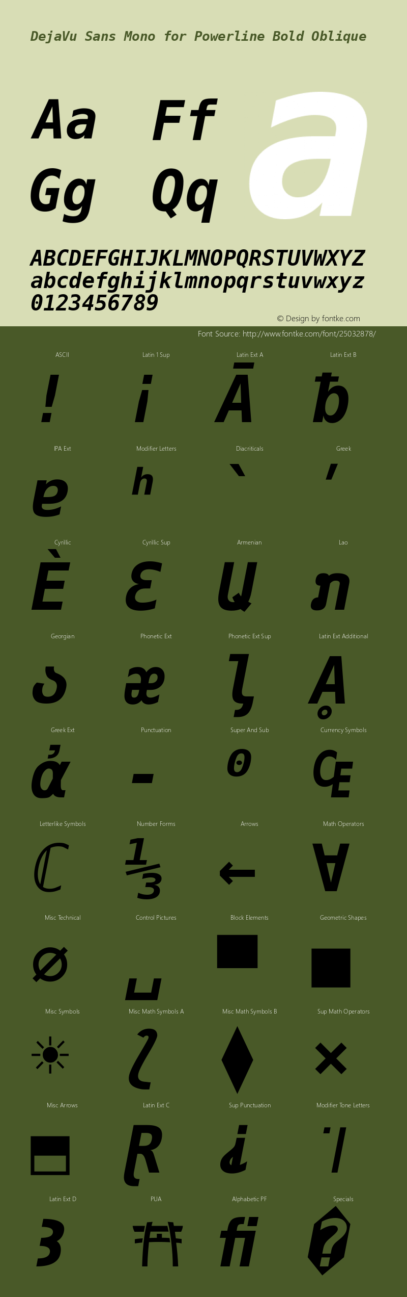 DejaVu Sans Mono Bold Oblique for Powerline Nerd Font Plus Font Awesome Plus Octicons Plus Pomicons Version 2.33图片样张