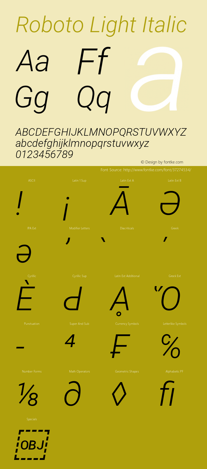 Roboto Light Italic Version 2.137; 2017图片样张