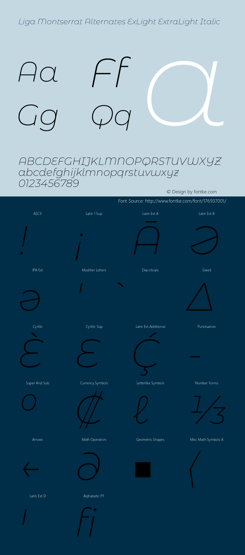 Liga Montserrat Alternates ExLight ExtraLightItalic Version 7.222;hotconv 1.0.109;makeotfexe 2.5.65596图片样张