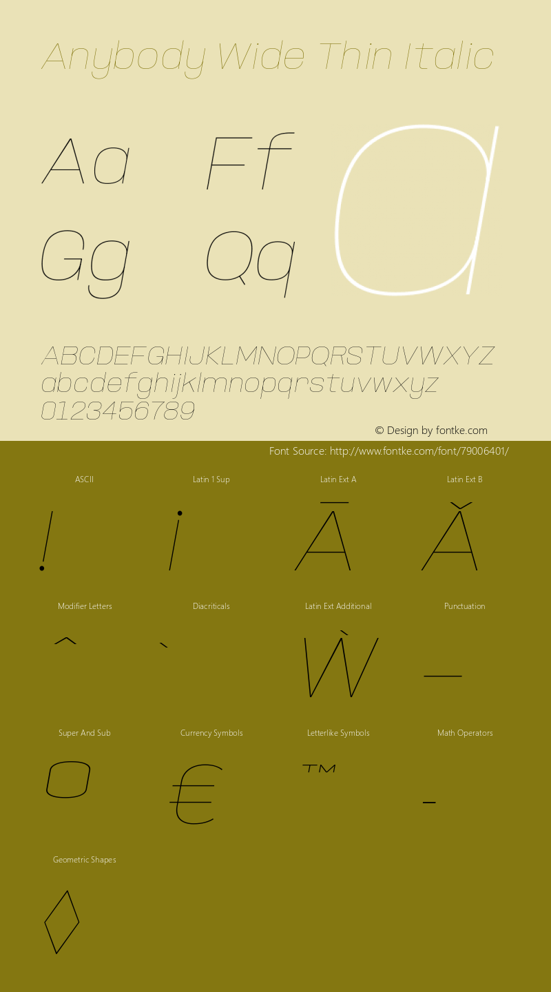 Anybody Wide Thin Italic Version 1.000; ttfautohint (v1.8)图片样张