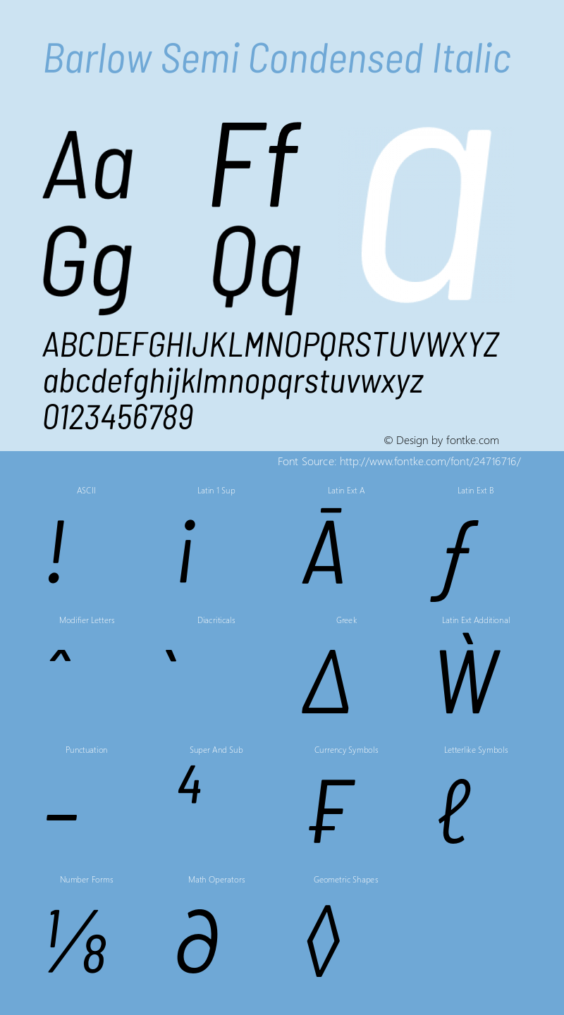 Barlow Semi Condensed Italic Version 1.207;PS 001.207;hotconv 1.0.88;makeotf.lib2.5.64775图片样张