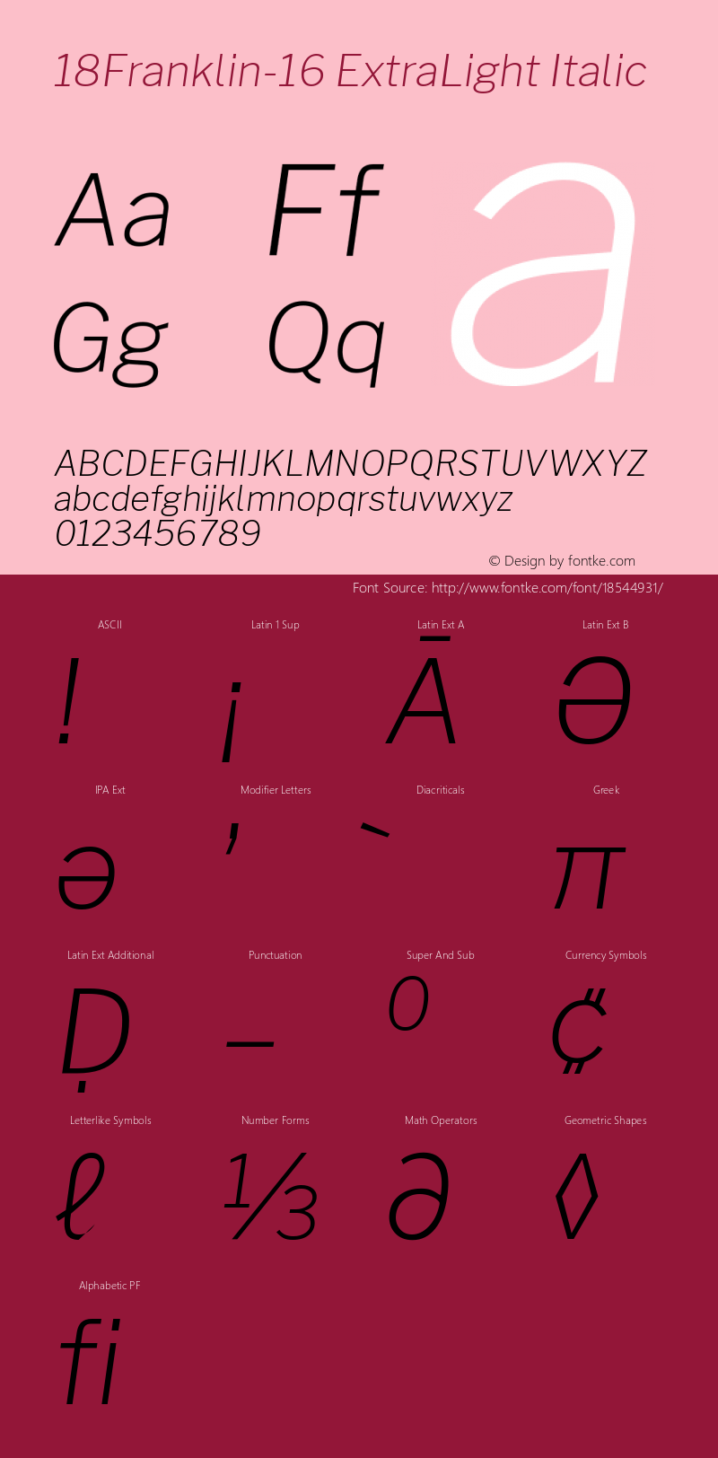 18Franklin-16 ExtraLight Italic Version 1.016;PS 001.016;hotconv 1.0.88;makeotf.lib2.5.64775图片样张