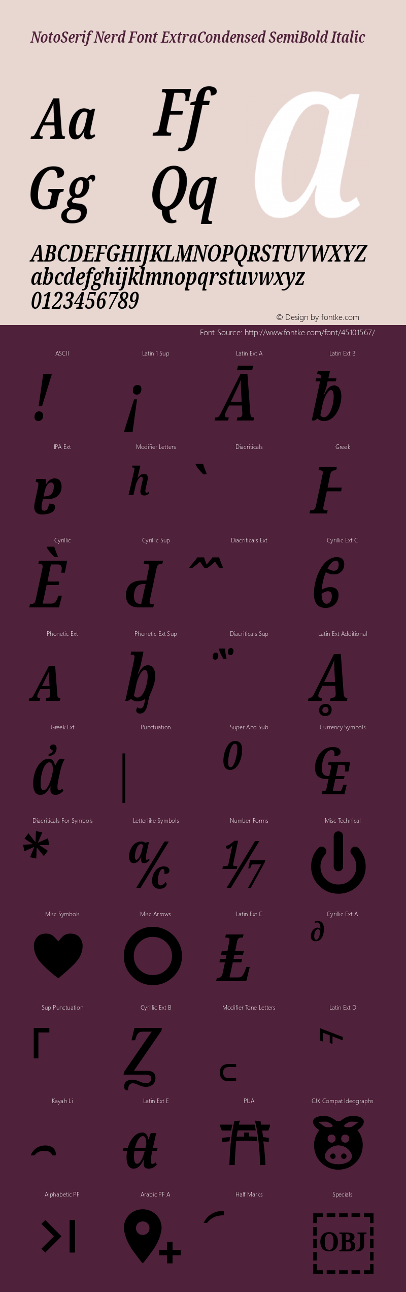 Noto Serif ExtraCondensed SemiBold Italic Nerd Font Complete Version 2.000;GOOG;noto-source:20170915:90ef993387c0; ttfautohint (v1.7)图片样张