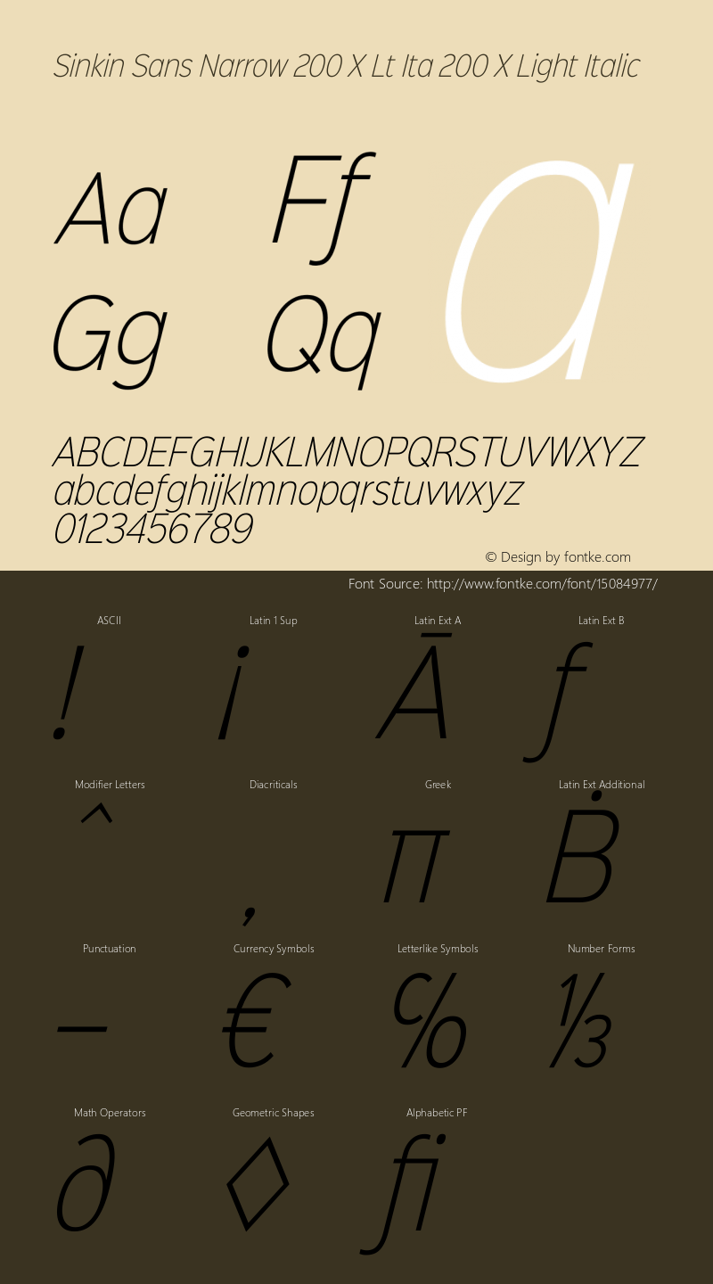 Sinkin Sans Narrow 200 X Lt Ita 200 X Light Italic Sinkin Sans Narrow (version 1.0)  by Keith Bates   •   © 2015   www.k-type.com图片样张