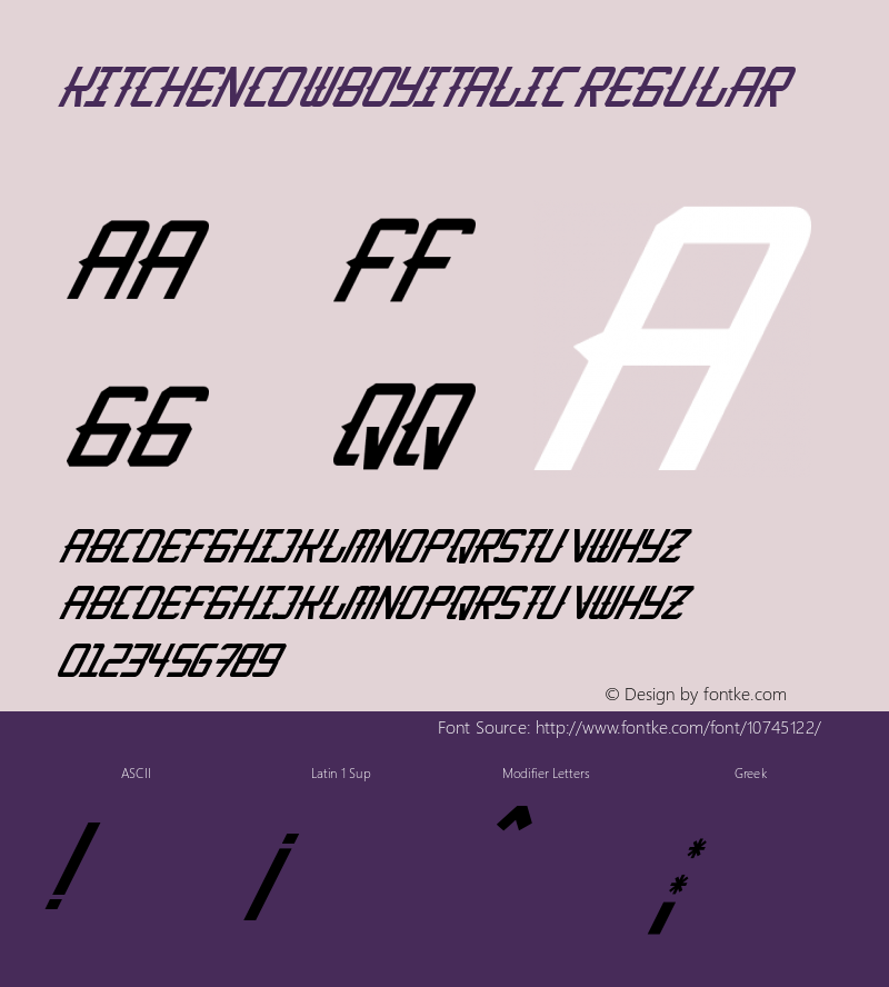 KitchenCowboyItalic Regular Version 1.00 July 23, 2015, initial release图片样张