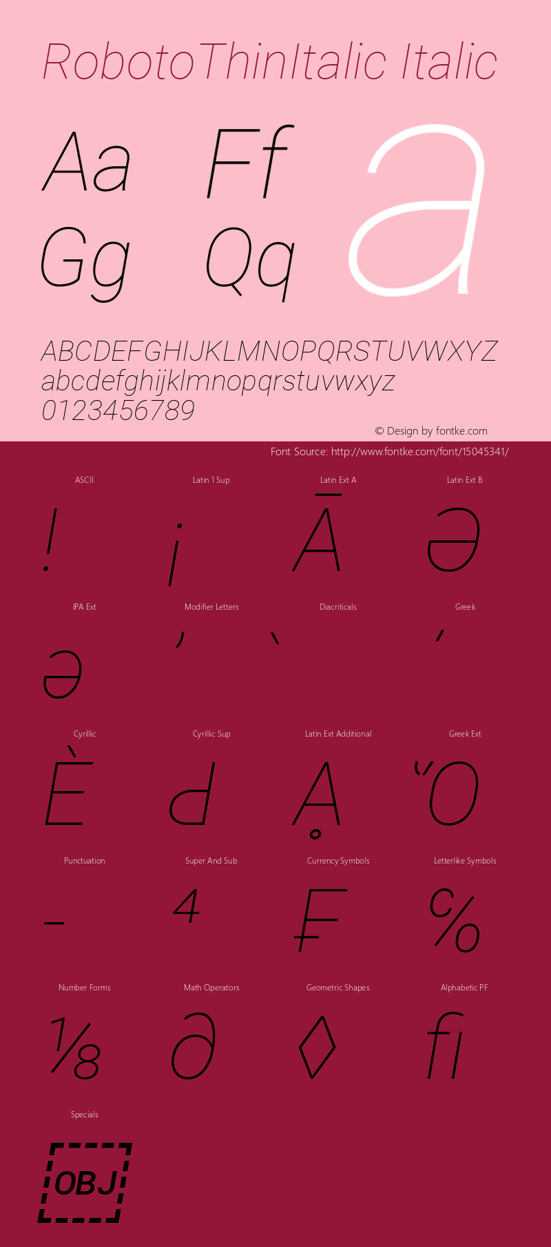 RobotoThinItalic Italic Version 2.001153; 2014图片样张