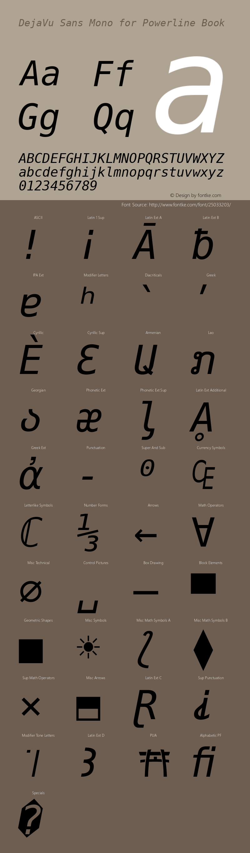 DejaVu Sans Mono Oblique for Powerline Nerd Font Plus Font Awesome Plus Pomicons Windows Compatible Version 2.33图片样张