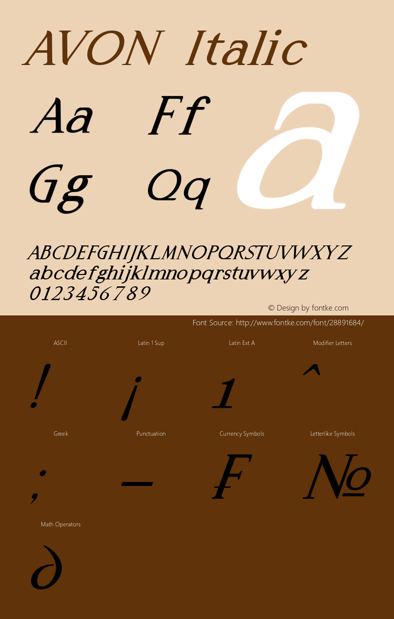 AVON Italic Version 1.00;March 20, 2019;FontCreator 11.5.0.2422 32-bit图片样张