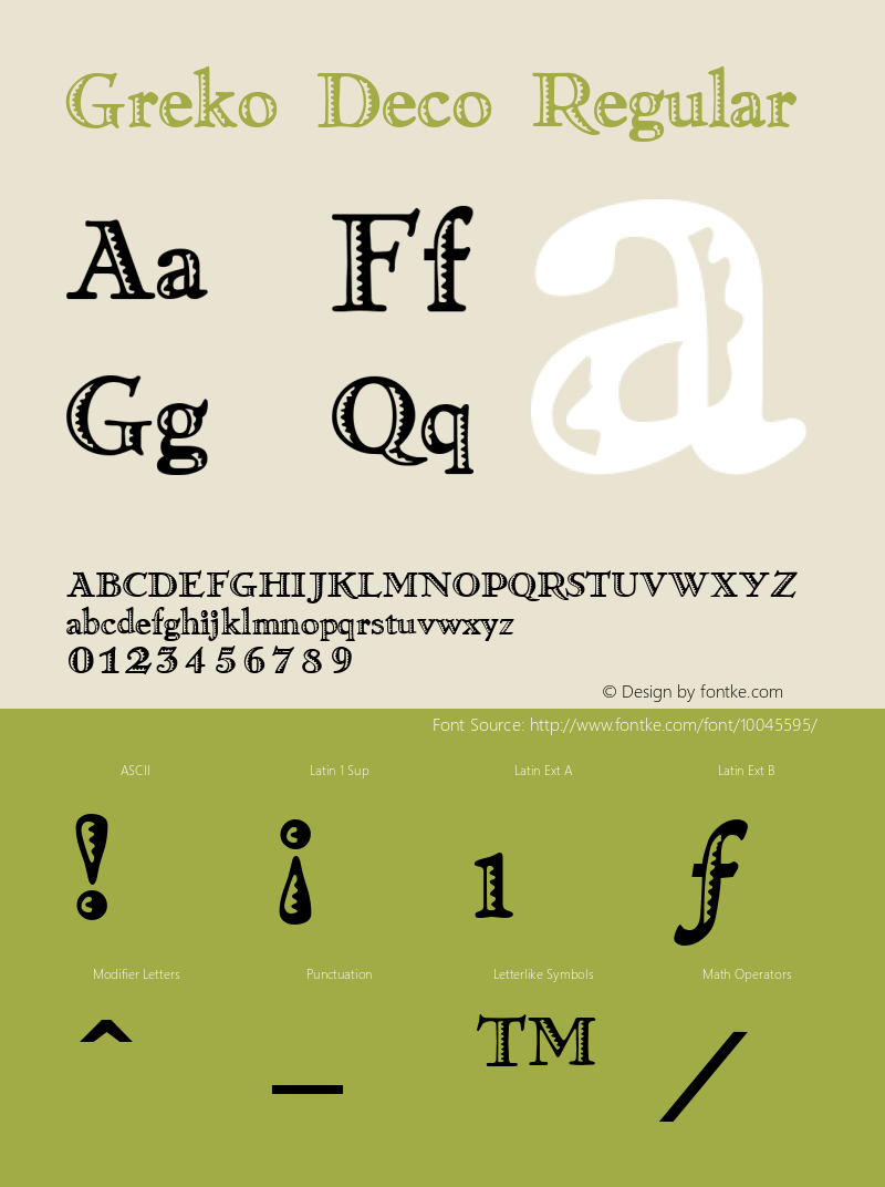 Greko Deco Regular Accurate Research Professional Fonts, Copyright (c)1995图片样张