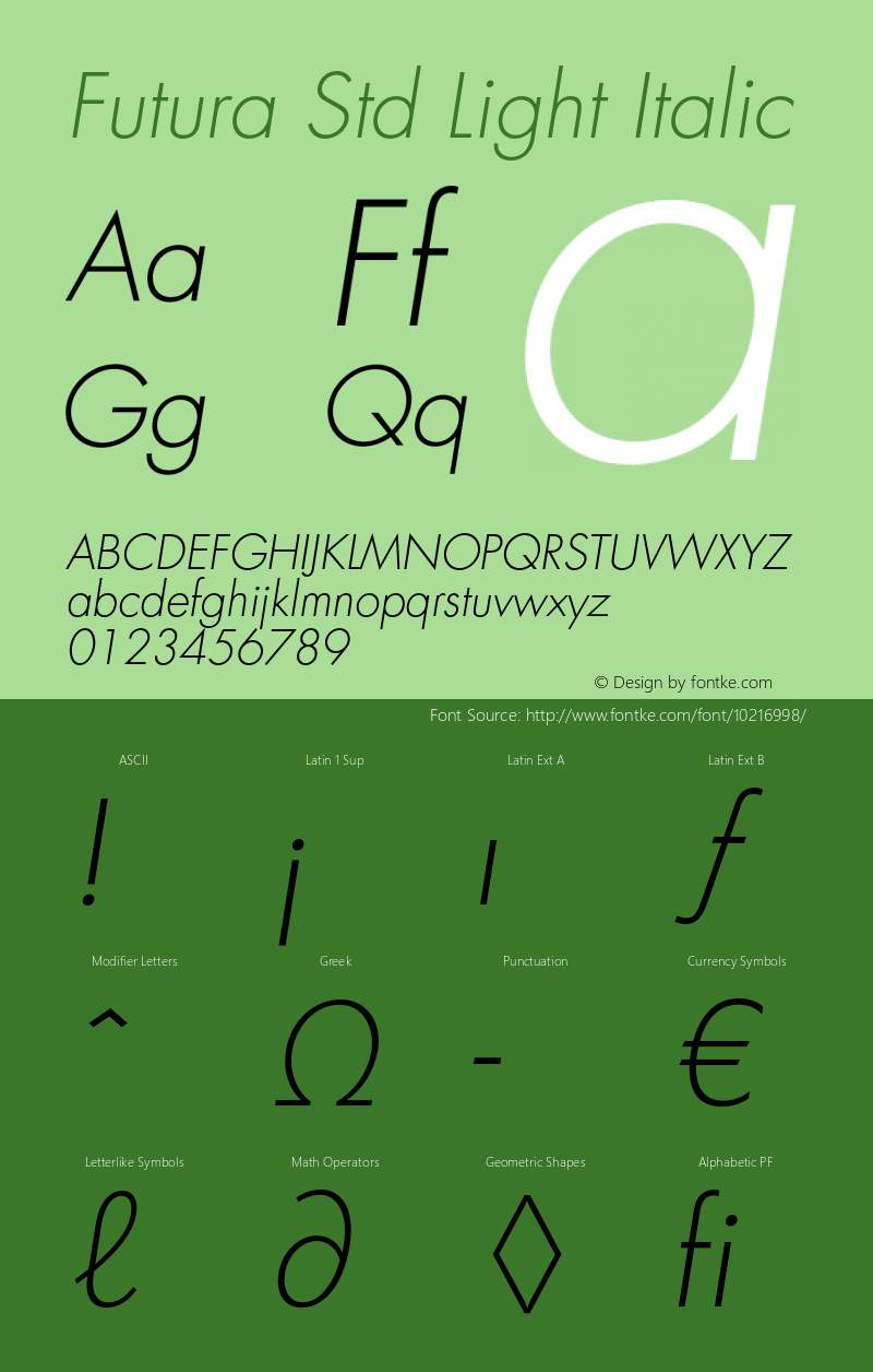 Futura Std Light Italic Version 2.025;PS 002.000;hotconv 1.0.50;makeotf.lib2.0.16970图片样张