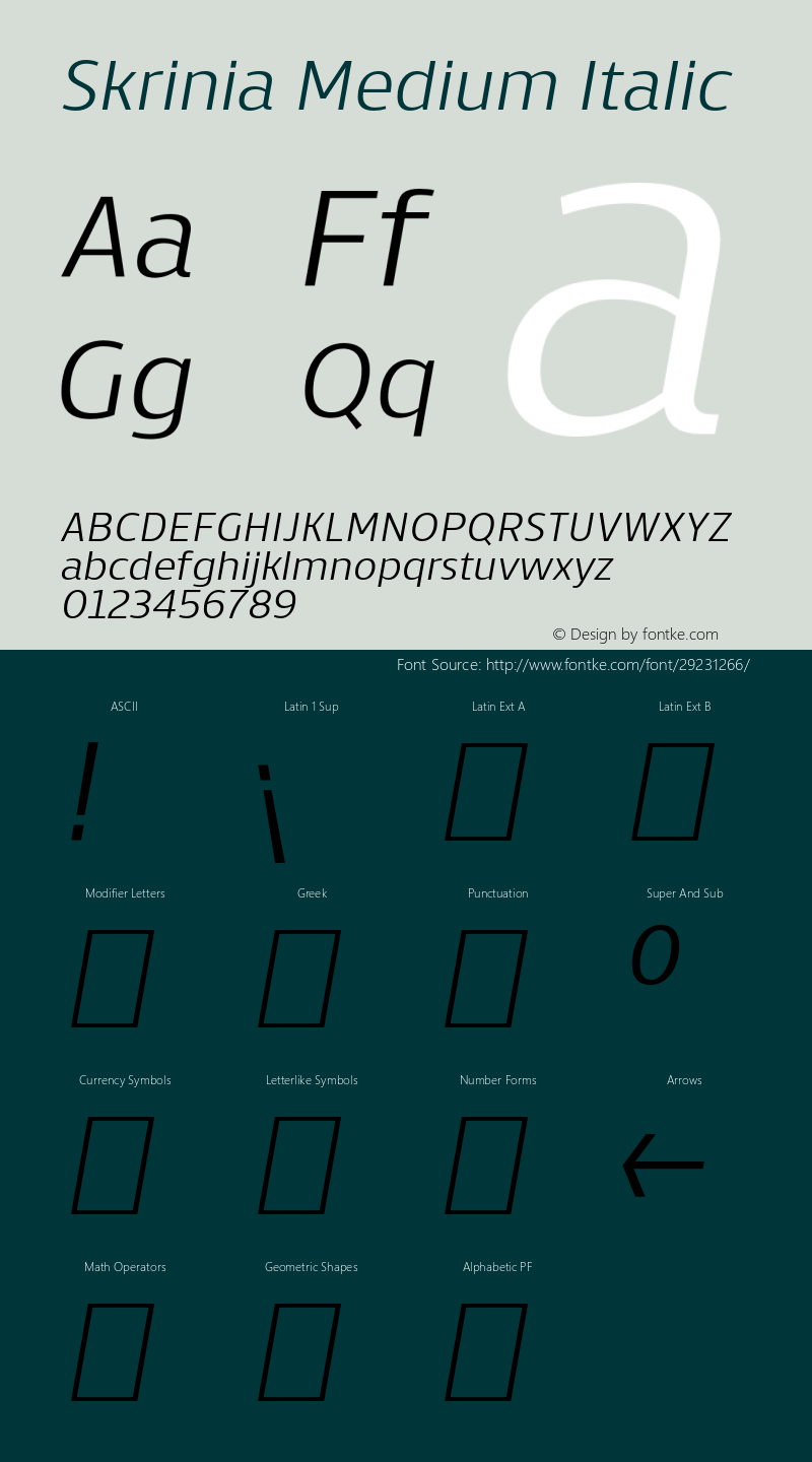 Skrinia Medium Italic Version 1.000;PS 001.000;hotconv 1.0.88;makeotf.lib2.5.64775图片样张