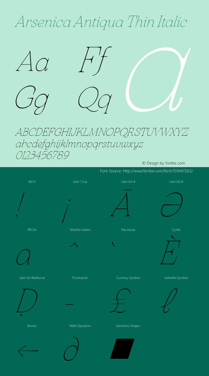 Arsenica Antiqua Thin Italic Version 0.003;hotconv 1.0.109;makeotfexe 2.5.65596图片样张