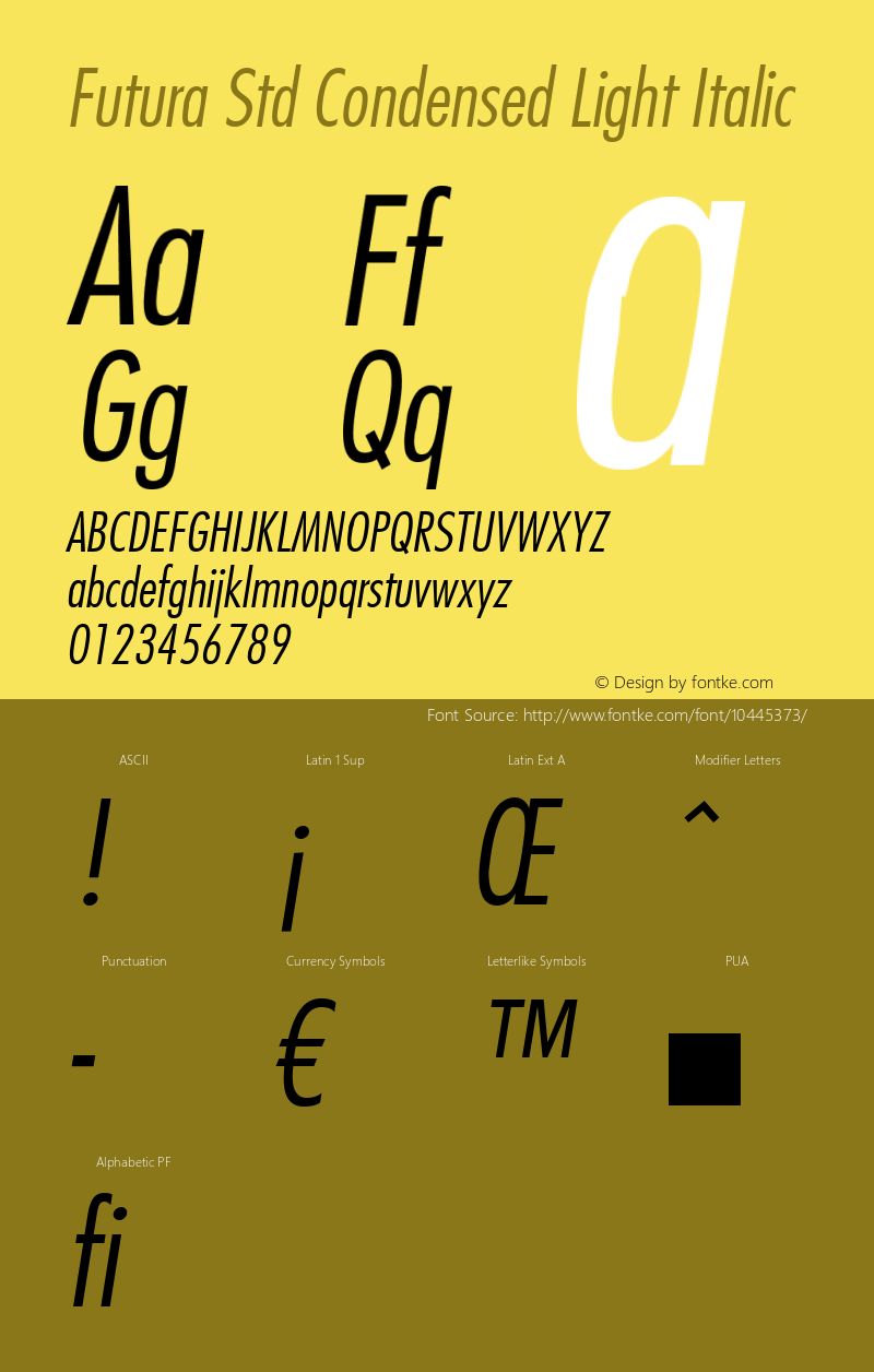 Futura Std Condensed Light Italic OTF 1.029;PS 001.004;Core 1.0.33;makeotf.lib1.4.1585图片样张