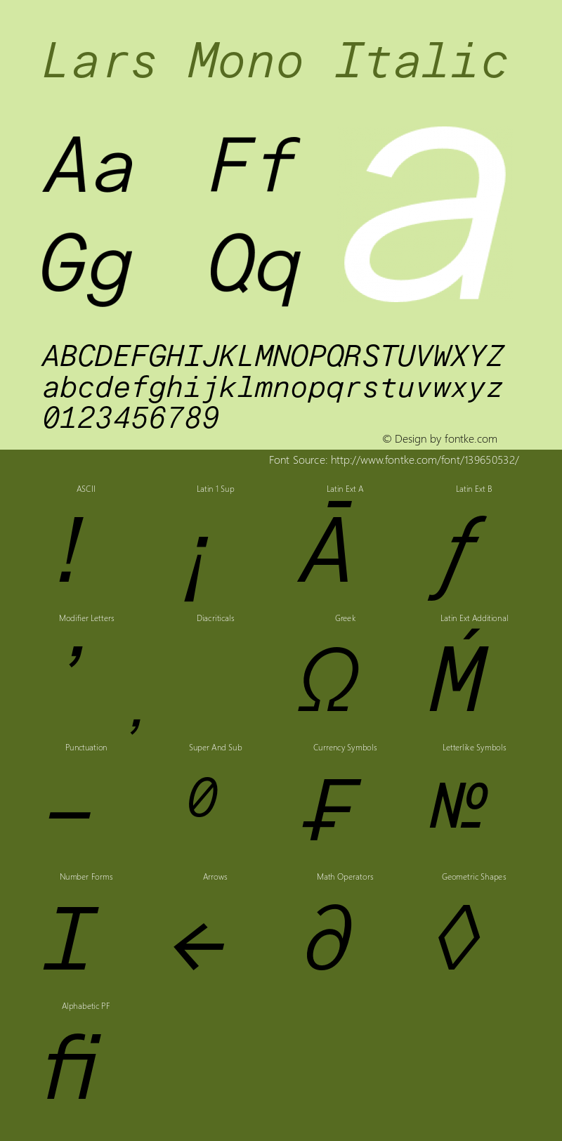 Lars Mono Italic Version 2.000;PS 002.000;hotconv 1.0.88;makeotf.lib2.5.64775图片样张