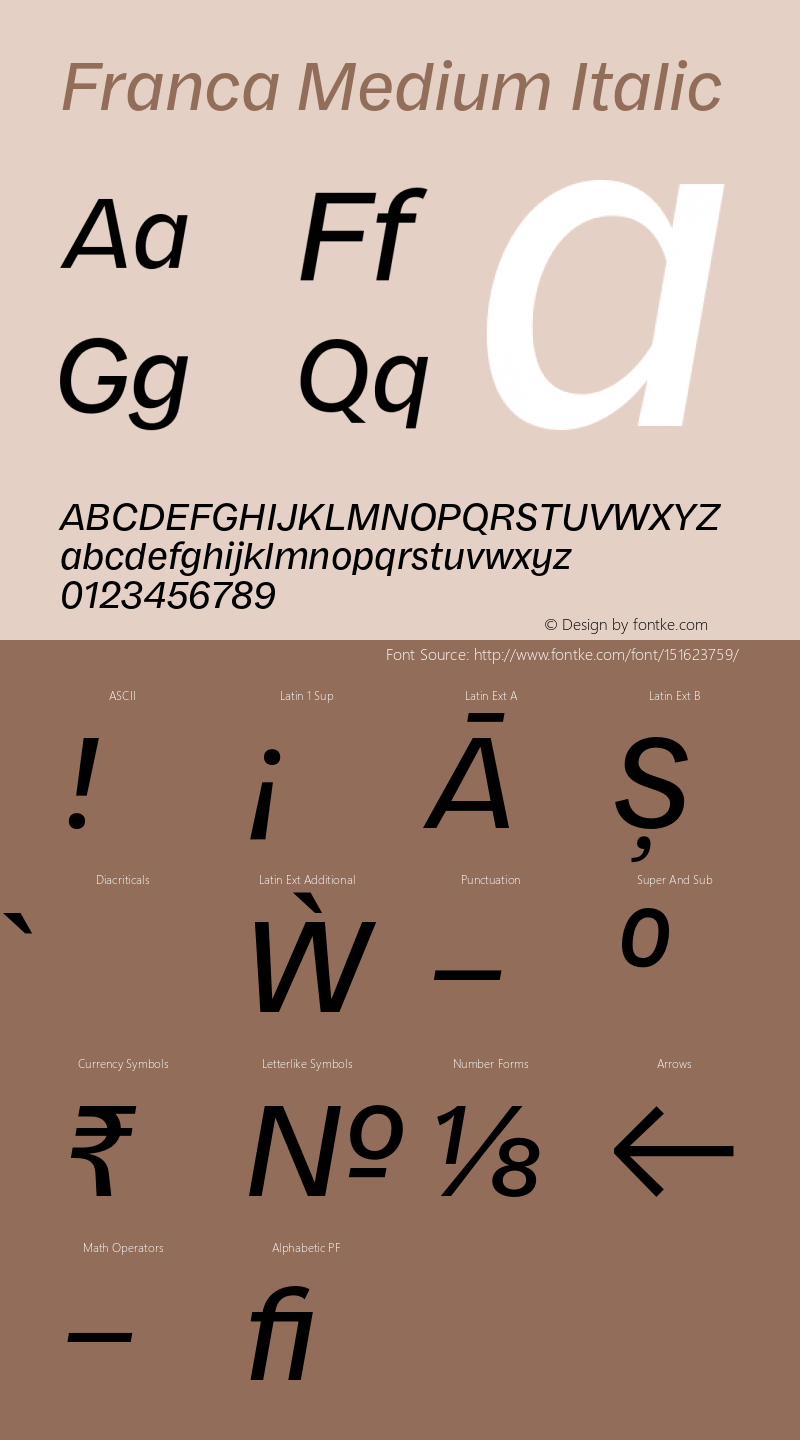 Franca Medium Italic Version 1.000;PS 001.000;hotconv 1.0.88;makeotf.lib2.5.64775图片样张