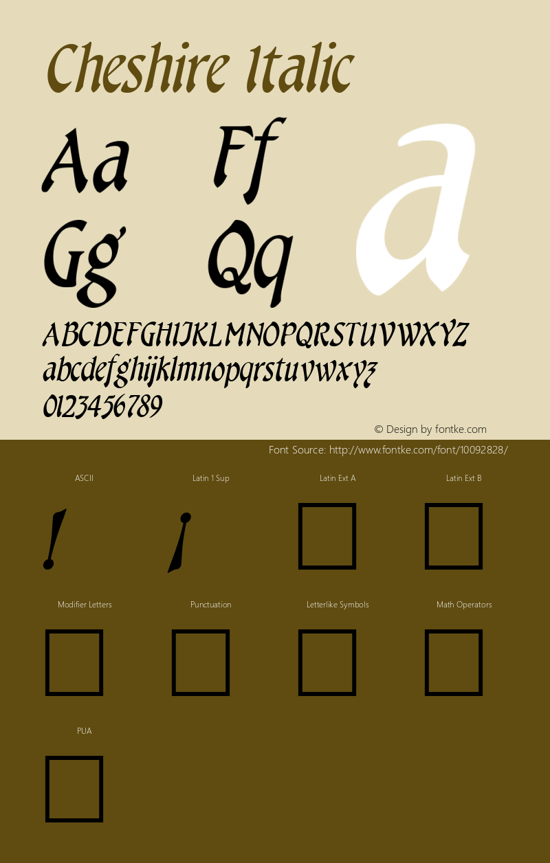 Cheshire Italic The IMSI MasterFonts Collection, tm 1995, 1996 IMSI (International Microcomputer Software Inc.)图片样张